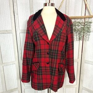 Vintage 90s Maggie Lawrence Red Tartan Plaid Jacket Wool Blend Velvet Collar L